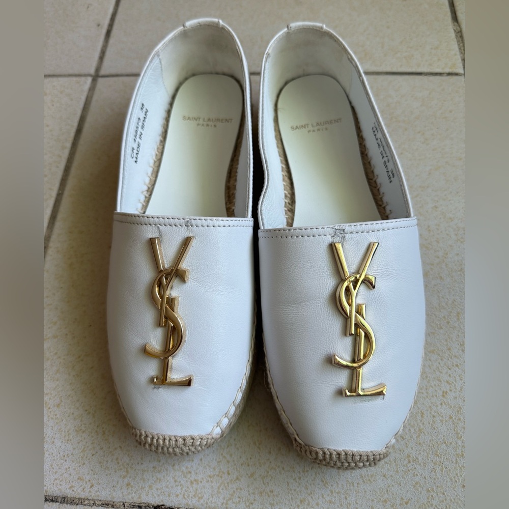 Saint Laurent White Leather Espadrille Flats with Gold YSL Logo